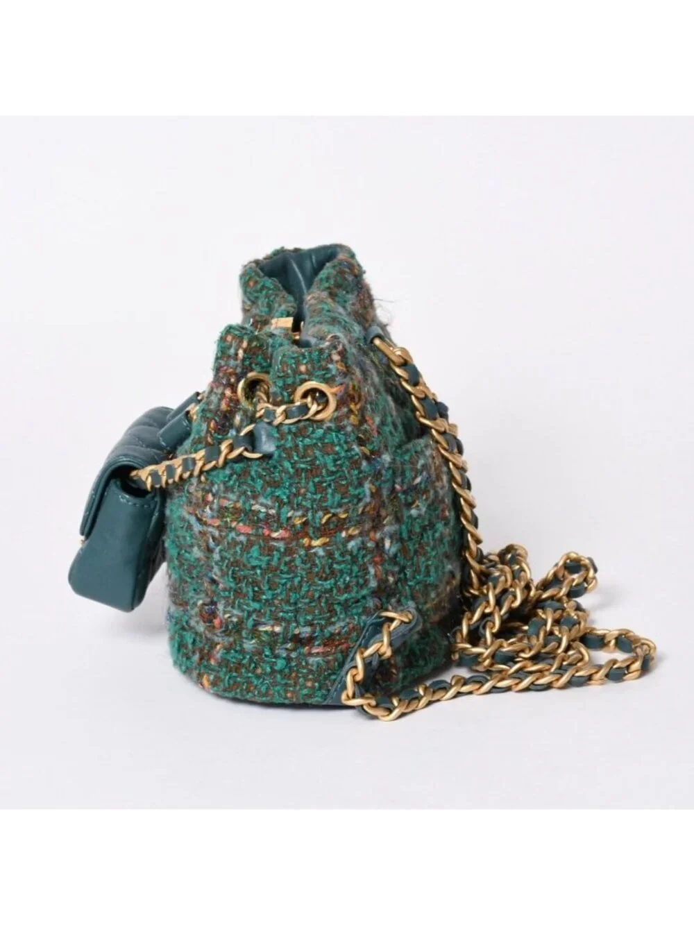 Chanel Small Backpack Base CC Logo Tweed Lambskin Green Gold